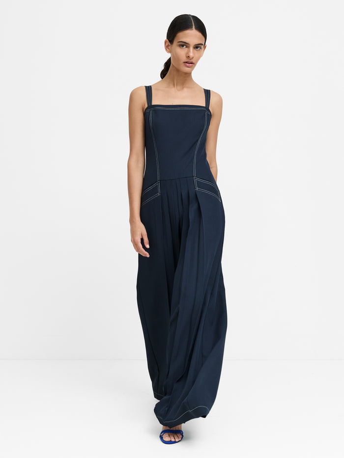 Salma Drop Waist Pleated Navy Wide Leg Jumpsuit