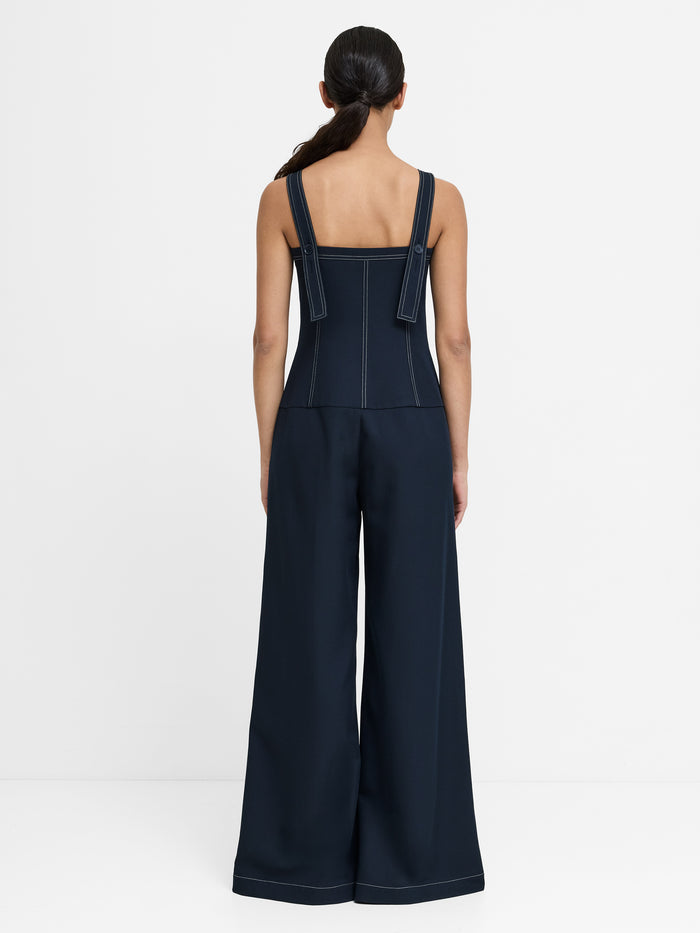 Salma Drop Waist Pleated Navy Wide Leg Jumpsuit