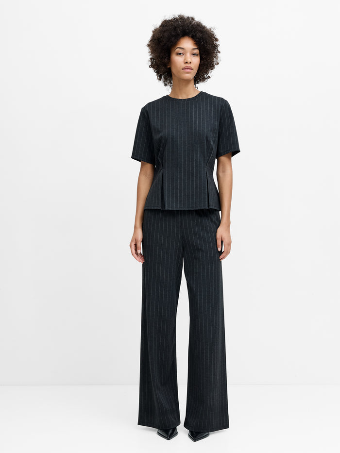 Sarai Grey Pinstripe Pleat Detail T-Shirt