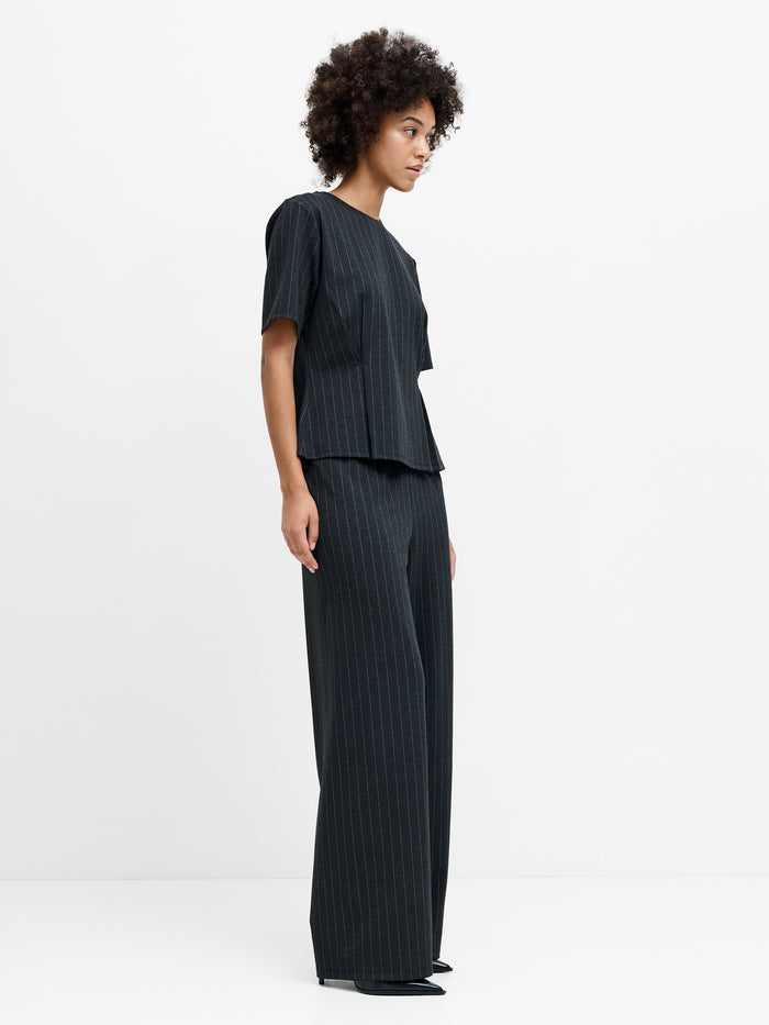Sarai Grey Pinstripe Pleat Detail T-Shirt