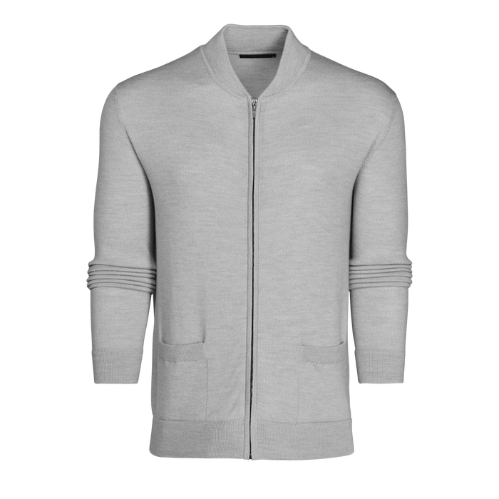 Light Grey Heather Merino Wool Full-Zip Sweater Front View - Saratoga | Greyson Clothiers