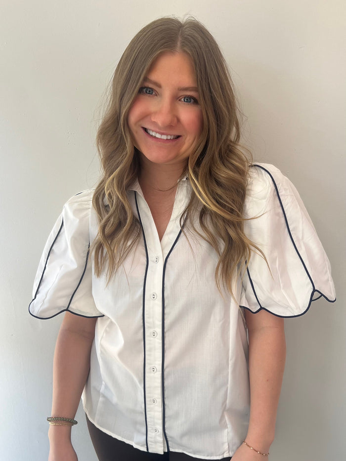 Scalloped edge navy and white button up