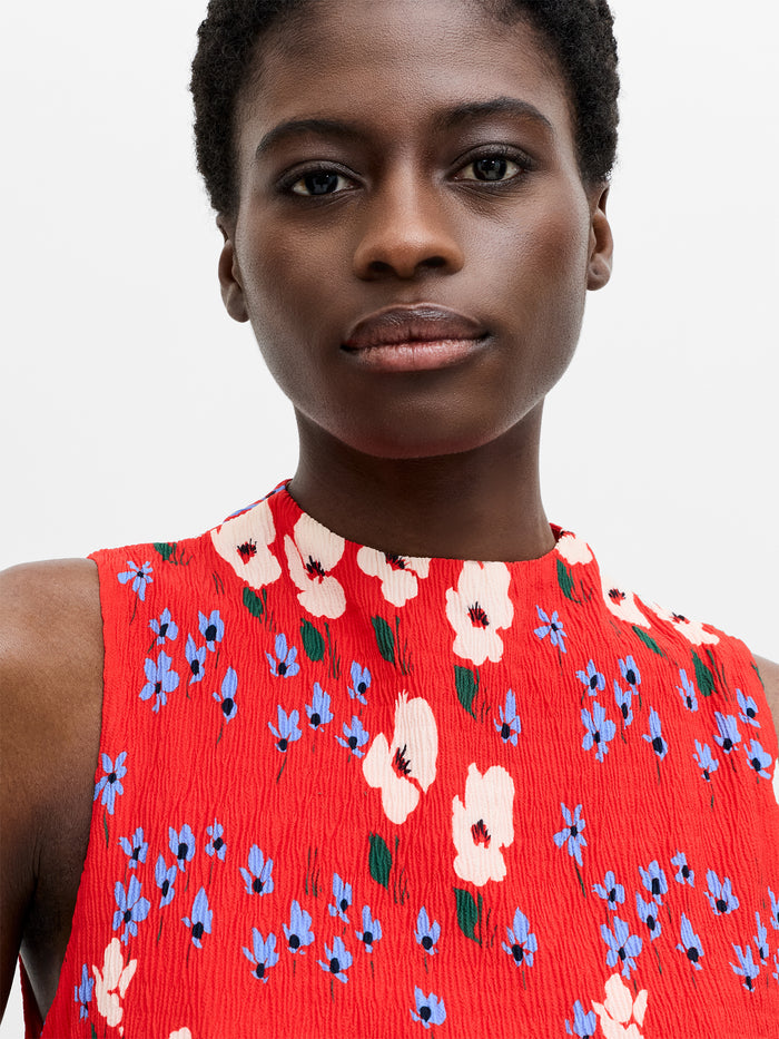 Scarlett Red Crinkle Floral Midi Dress