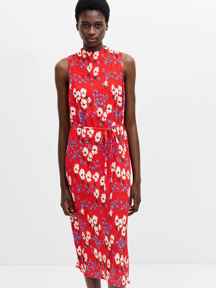 Scarlett Red Crinkle Floral Midi Dress