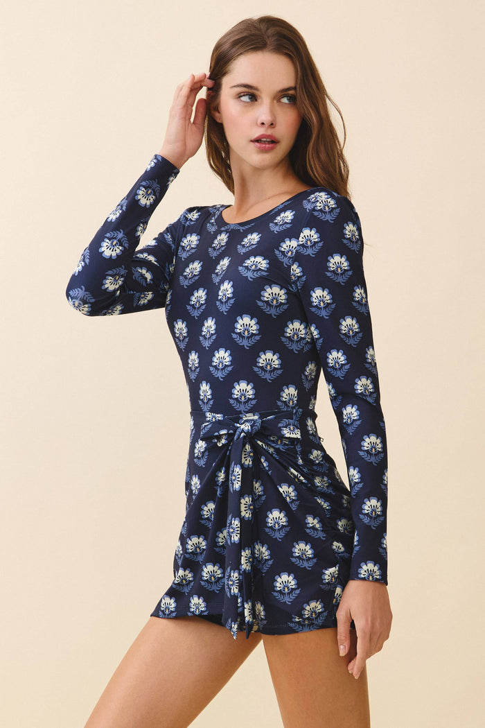 Scoop Back Tie Front Drape Detail Bodycon Dress NAVY