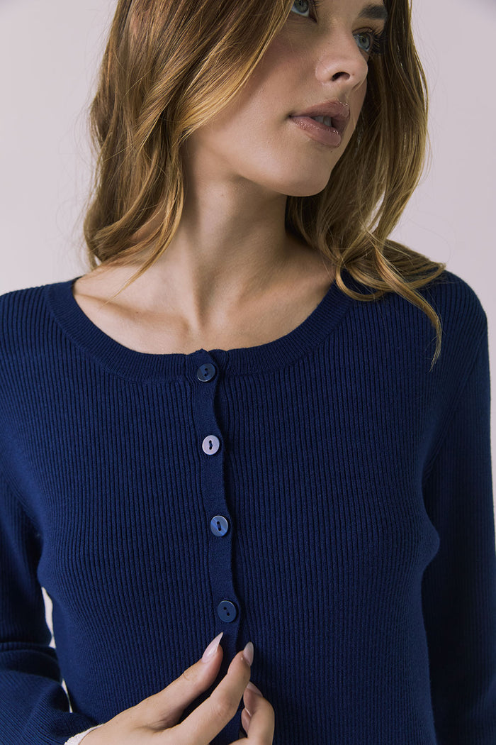 Close-up of the Chaser Seaport cardigan in Worn Blue highlighting ribbed knit texture and tonal buttons