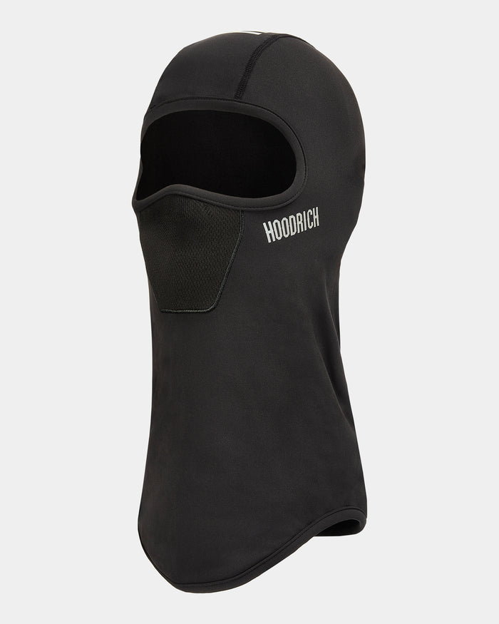 Black balaclava with 'Hoodrich' branding on a white background