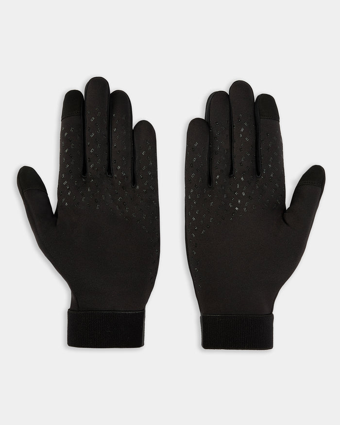 Pair of black gloves on a light gray background