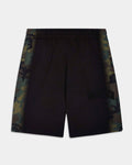 Black camouflage athletic shorts with a subtle tonal logo on the lower right leg, displayed against a light gray background.