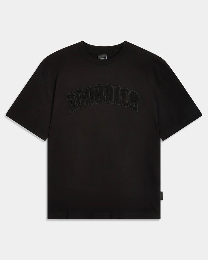 A black short-sleeve crewneck t-shirt with 'HOODRICH' printed across the chest in a tonal black arched font, shown flat against a light gray background.