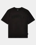 A black short-sleeve crewneck t-shirt with 'HOODRICH' printed across the chest in a tonal black arched font, shown flat against a light gray background.