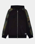 A black zip-up hoodie with camouflage patterned raglan sleeves and a tonal black 'HOODRICH' logo across the chest, displayed on a light gray background.