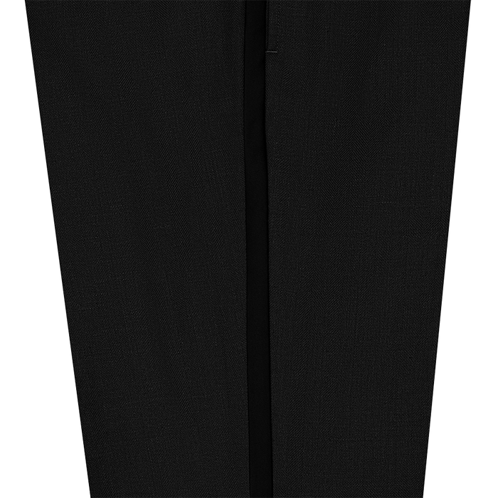 Close-up of shadow black linen tuxedo pants side seam and pocket