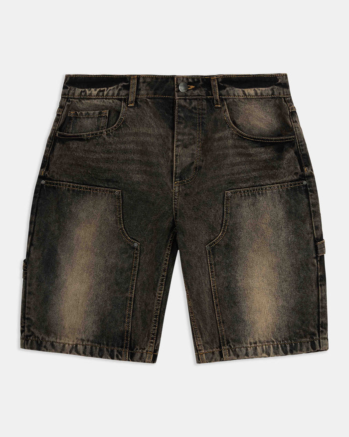 Regular fit black rust washed denim jorts featuring a Hoodrich logo embroidery on the pocket.