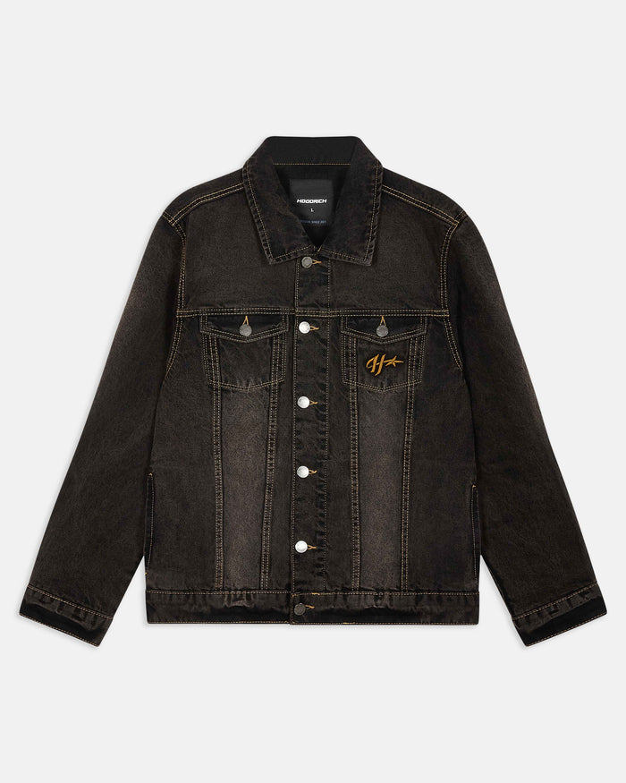 Regular fit black rust washed denim jacket featuring a Hoodrich logo embroidery on the chest pocket.