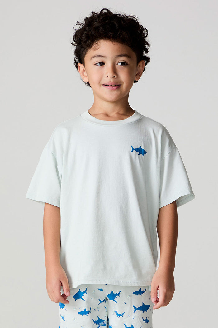 Front view of a boy wearing the Chaser  Shark Around Tee on a neutral background