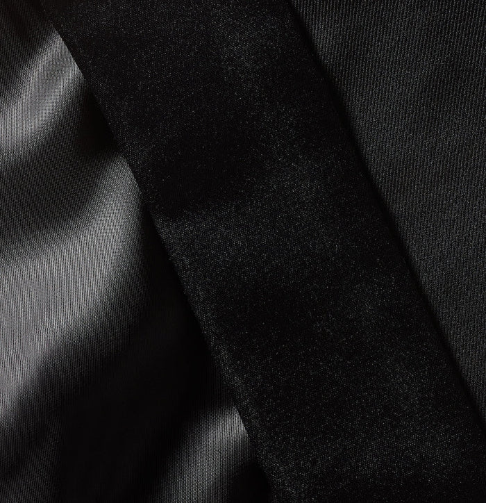 Close-up of black tuxedo fabric with satin lapel edge and wool body