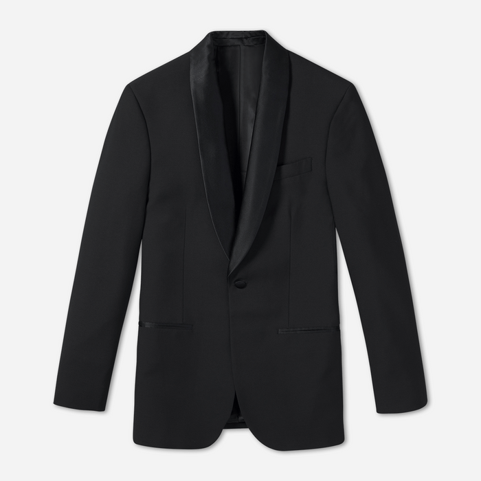 Black shawl-collar tuxedo jacket, flat lay, satin lapels, front view