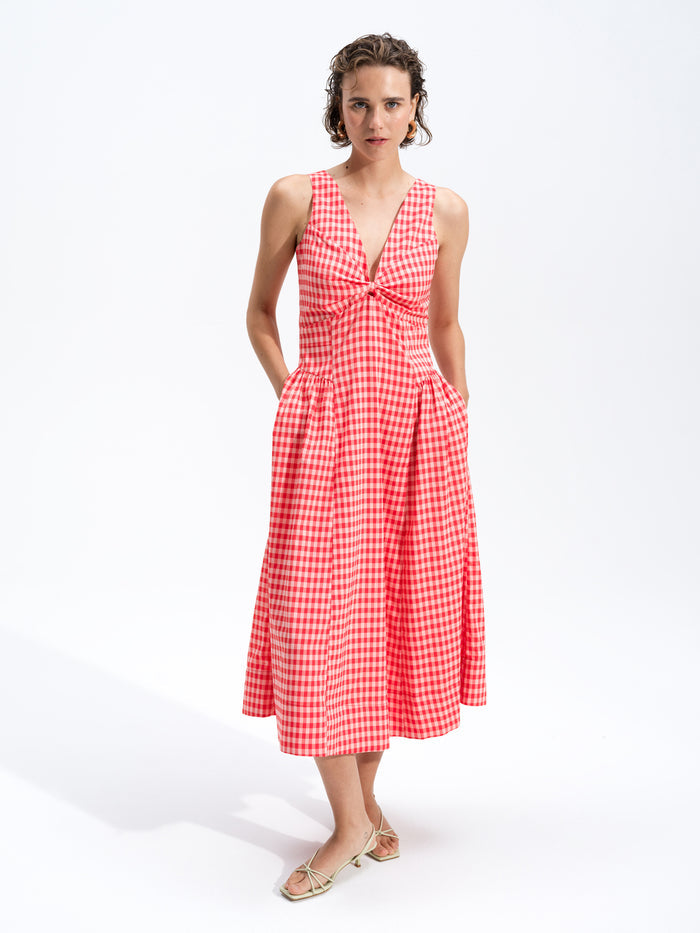 Sheila Sleeveless Voluminous Red Gingham Midi Dress