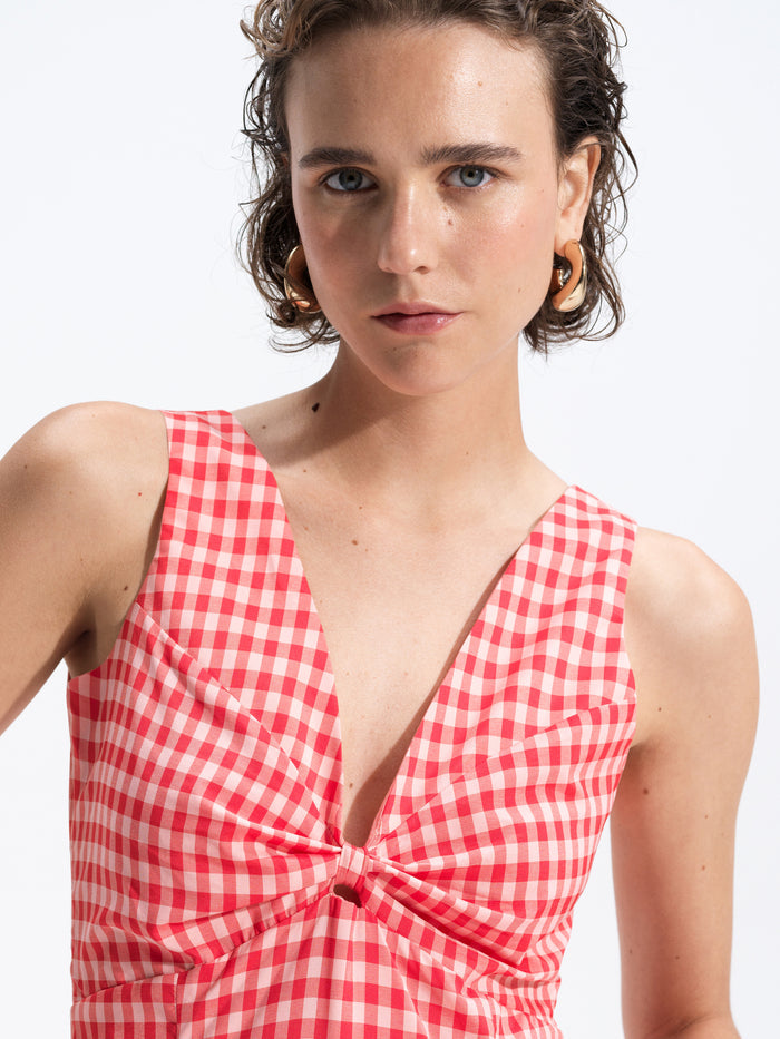 Sheila Sleeveless Voluminous Red Gingham Midi Dress