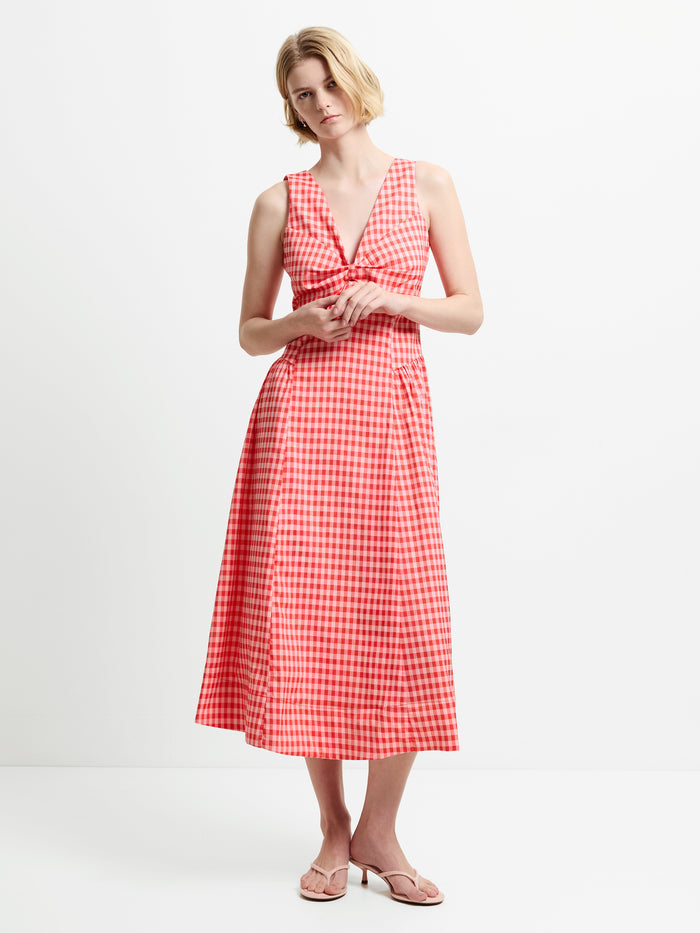 Sheila Sleeveless Voluminous Red Gingham Midi Dress
