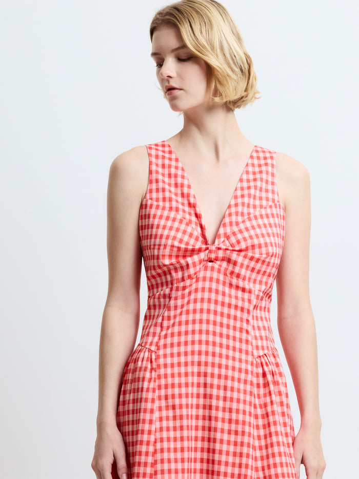 Sheila Sleeveless Voluminous Red Gingham Midi Dress