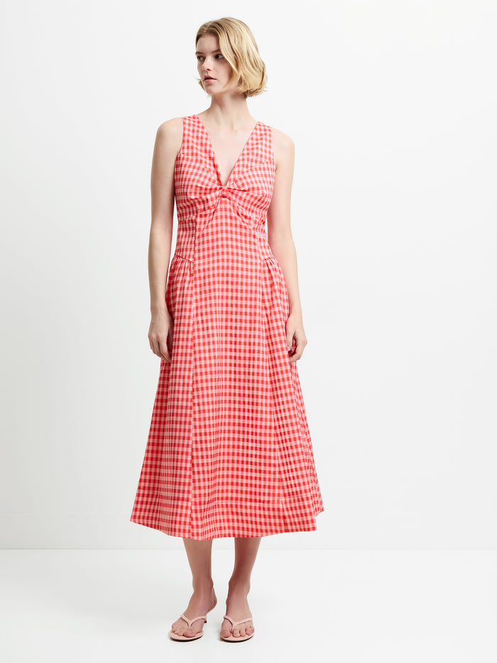 Sheila Sleeveless Voluminous Red Gingham Midi Dress