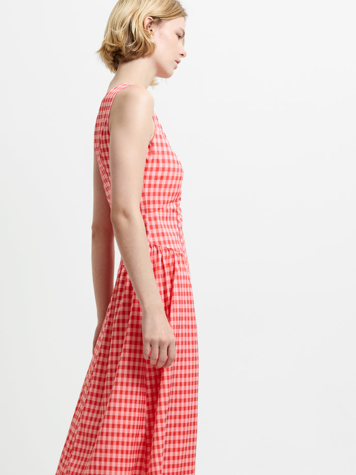 Sheila Sleeveless Voluminous Red Gingham Midi Dress