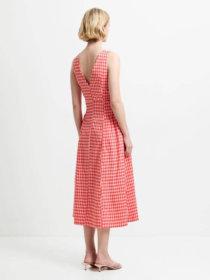 Sheila Sleeveless Voluminous Red Gingham Midi Dress
