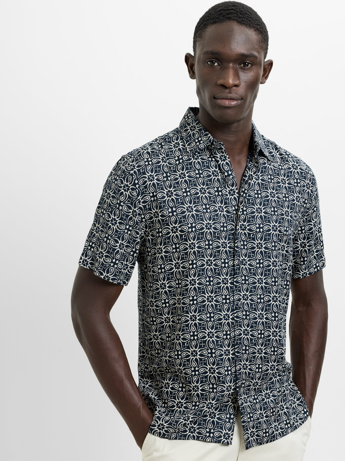 Short Sleeve Floral Print Navy Shirt