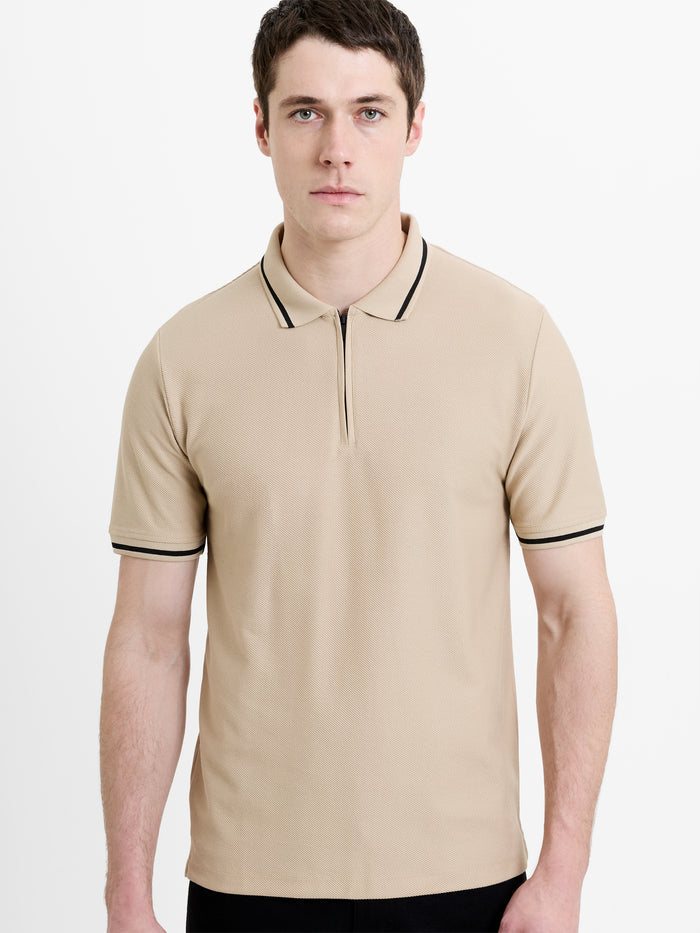Short Sleeve Phased Twill Zip Knit Polo Shirt