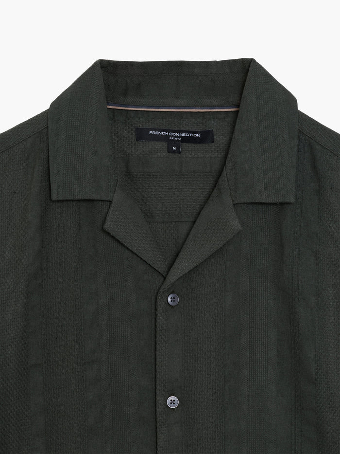 Short Sleeve Textured Stripe Khaki Green Holiday Shirt
