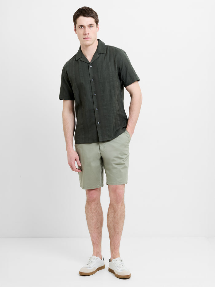 Short Sleeve Textured Stripe Khaki Green Holiday Shirt