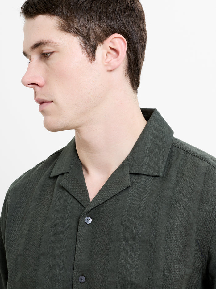 Short Sleeve Textured Stripe Khaki Green Holiday Shirt