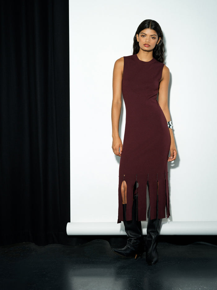 Silas Burgundy Beaded Fringe Knit Midi Dress