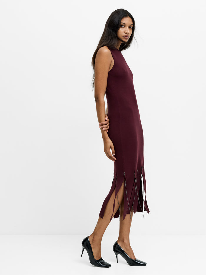Silas Burgundy Beaded Fringe Knit Midi Dress