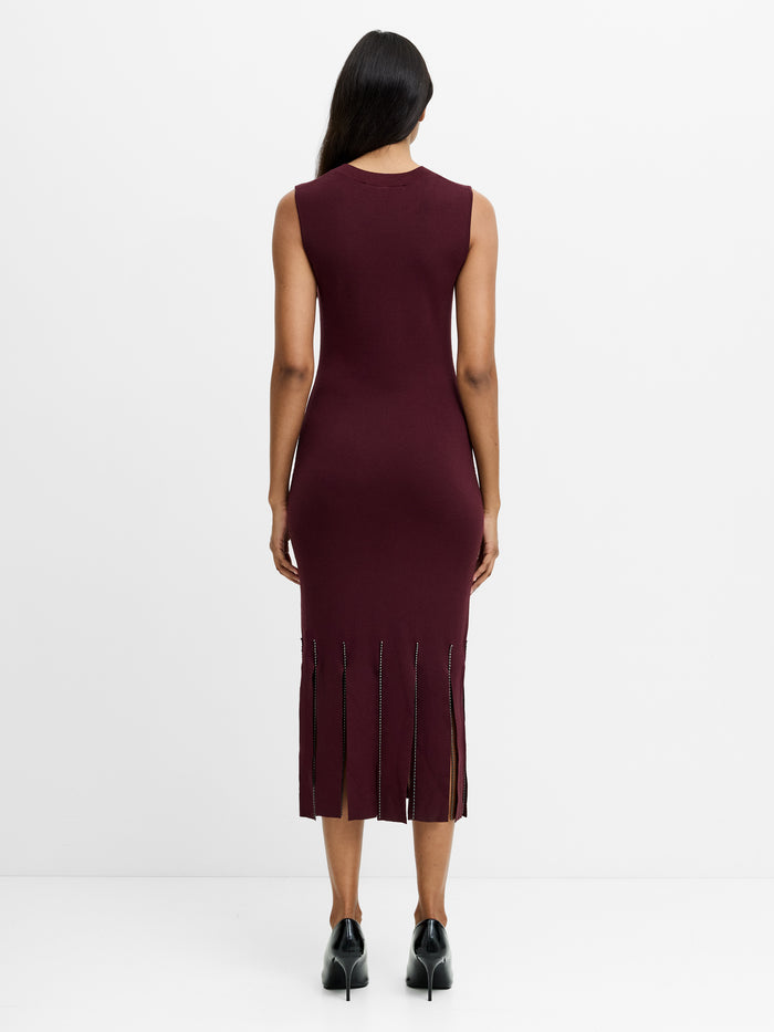 Silas Burgundy Beaded Fringe Knit Midi Dress