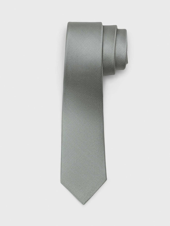 Silver sage silk tie, rolled, on light grey background