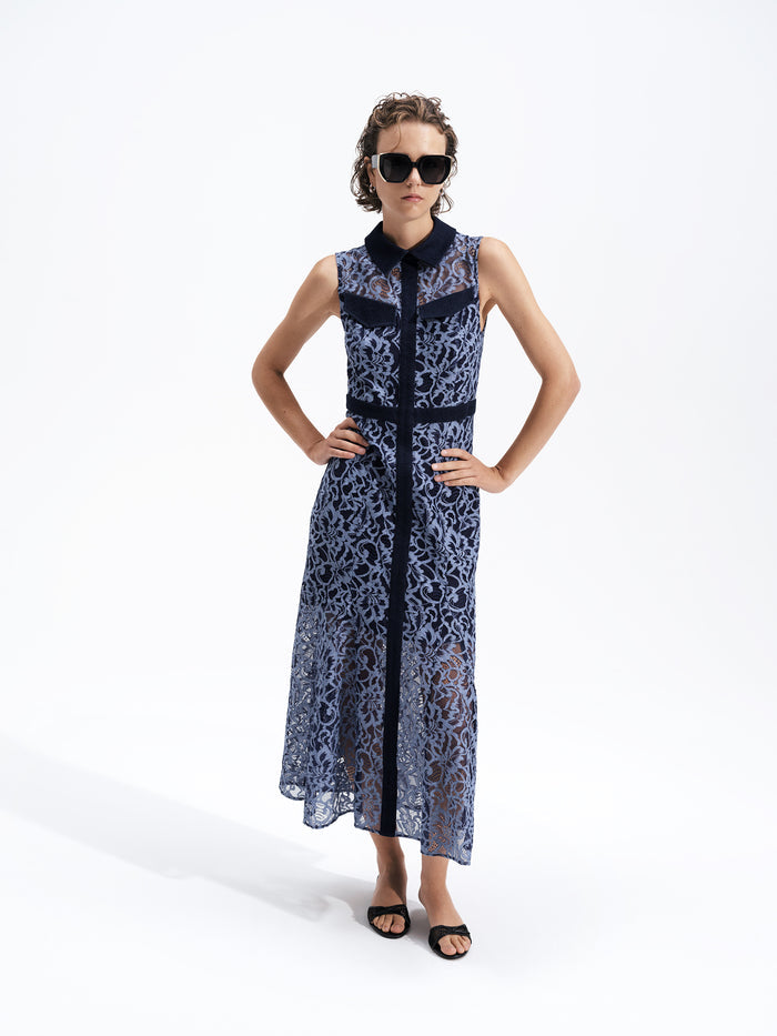 Skye Lace Godet Blue Midi Shirt Dress