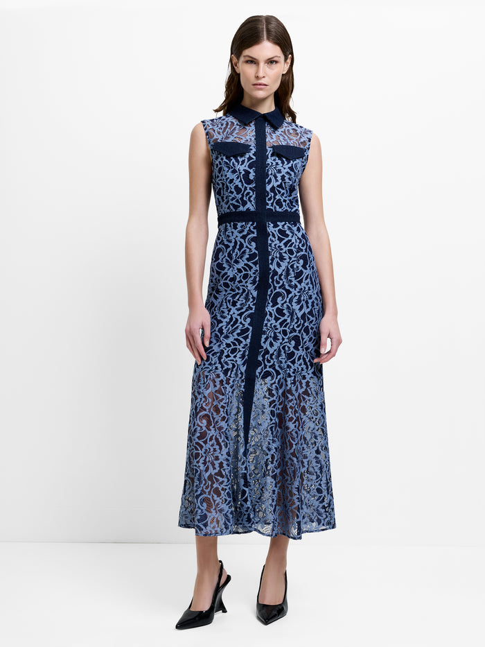 Skye Lace Godet Blue Midi Shirt Dress