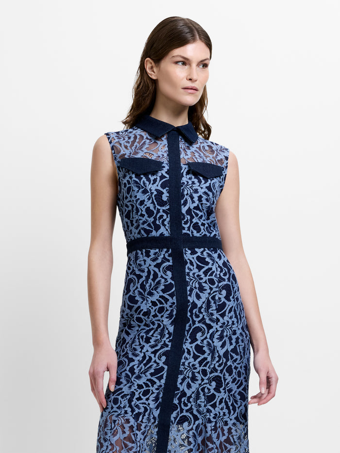 Skye Lace Godet Blue Midi Shirt Dress