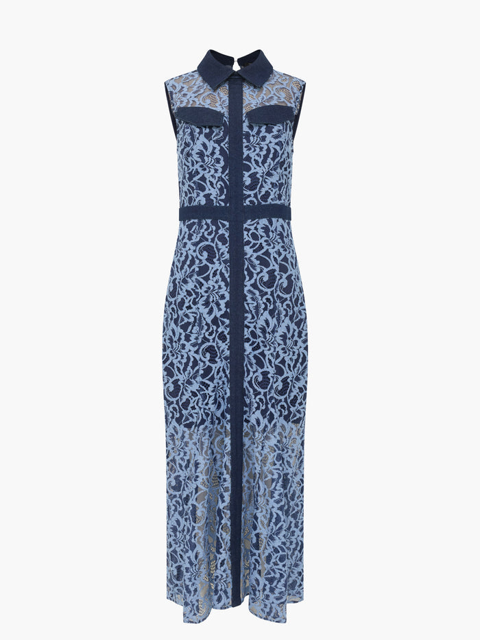 Skye Lace Godet Blue Midi Shirt Dress