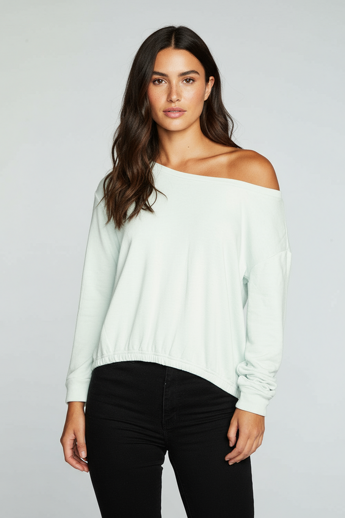 WOMENS Slub French Terry Long Sleeve Pullover With Shirred Body Hem chaserbrand