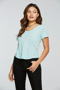 Slub Jersey Short Sleeve Double V Neck Shirttail Tee WOMENS - chaserbrand