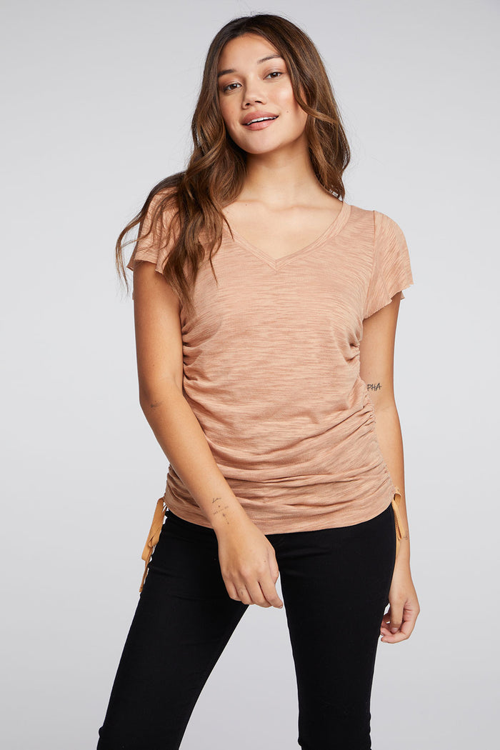 Slub Jersey Split Sleeve V Neck Drawstring Side Shirred Tee WOMENS chaserbrand