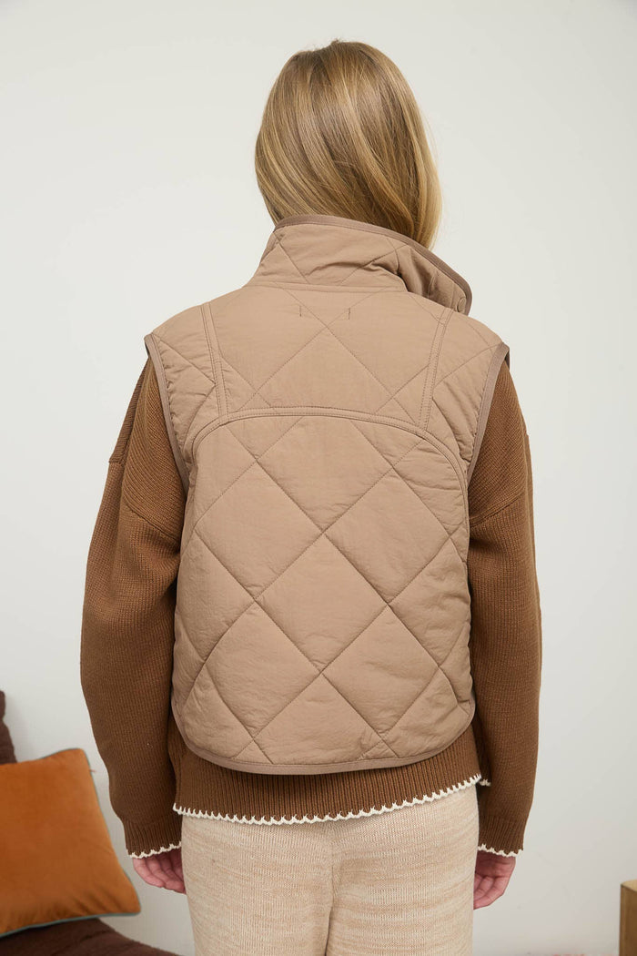 SNAP BUTTON QUILTED PUFFER VEST BLACK