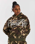 Person wearing a camouflage hoodie with 'Hood Rich' branding on a white background