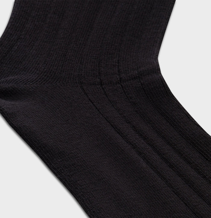 Close-up of black ribbed dress sock knit texture and heel