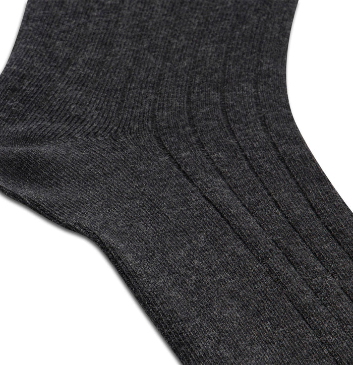 Close-up of charcoal ribbed dress sock knit texture and heel