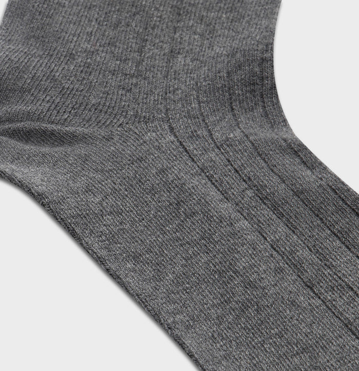 Close-up of grey ribbed dress sock knit texture and heel